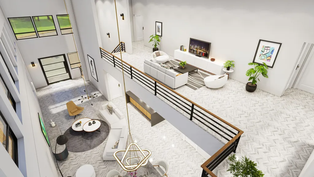 A 3D rendering of a two-story home seen from above, looking over the mezzanine railing into the open-plan living room below.